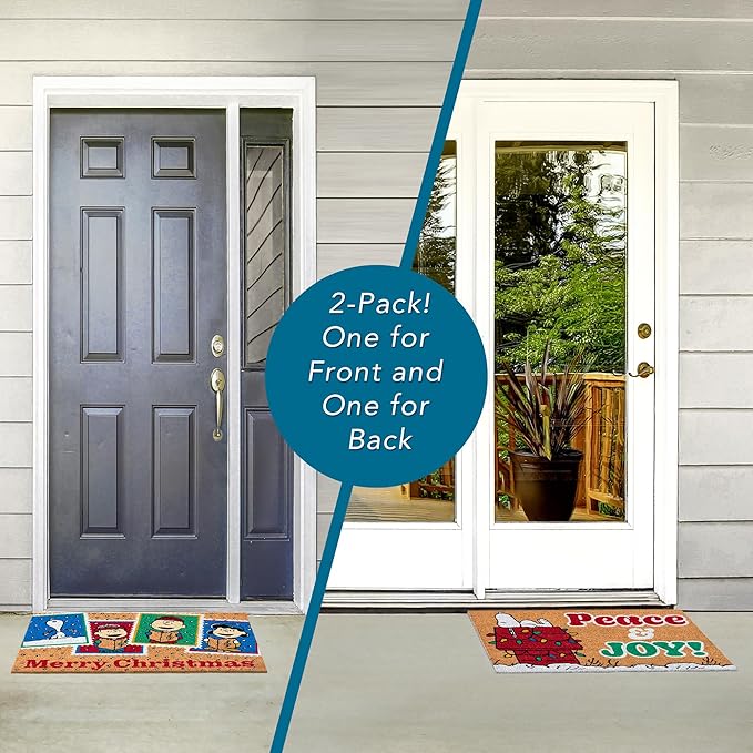 Gertmenian Peanuts Snoopy Coir Doormat - 2x3 Welcome Mat (2-Pack), Ideal for High Traffic Areas in Front Door, Garage, Entryway - Peace & Joy, 80023-HomvellaHome