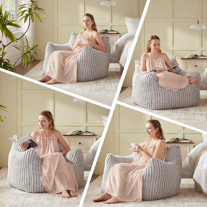 Giant Bean Bag Chairs for Adults Teens, Large Bean Bag Sofa Chairs with Filling Comfy Fuzzy BeanBag Chair with Armrests for Bedroom Living Room Reading-HomvellaHome