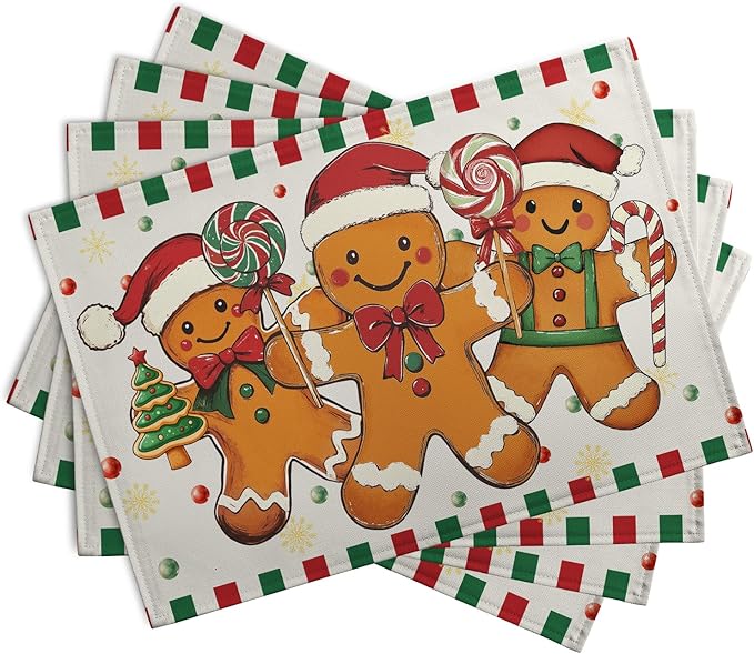 Gingerbread Man Christmas Placemats Set of 4 Candy Cane Xmas Seasonal Holiday Linen Table Mats Red Green Orange Winter Washable Place Mats for Party Kitchen Dining Outdoor Indoor Decor-HomvellaHome