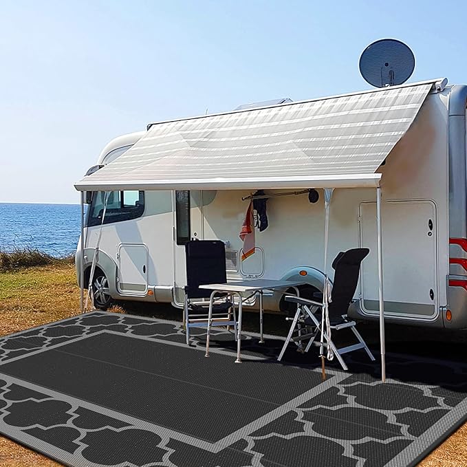 GENIMO 10 ' x 14 ' Outdoor Rug Waterproof for Patio Decor, Foldable Reversible Plastic Straw Area Rugs Mat for Camper, Outside Carpet for Rv, Deck, Porch, Picnic, Beach, Balcony, Black & Grey-HomvellaHome