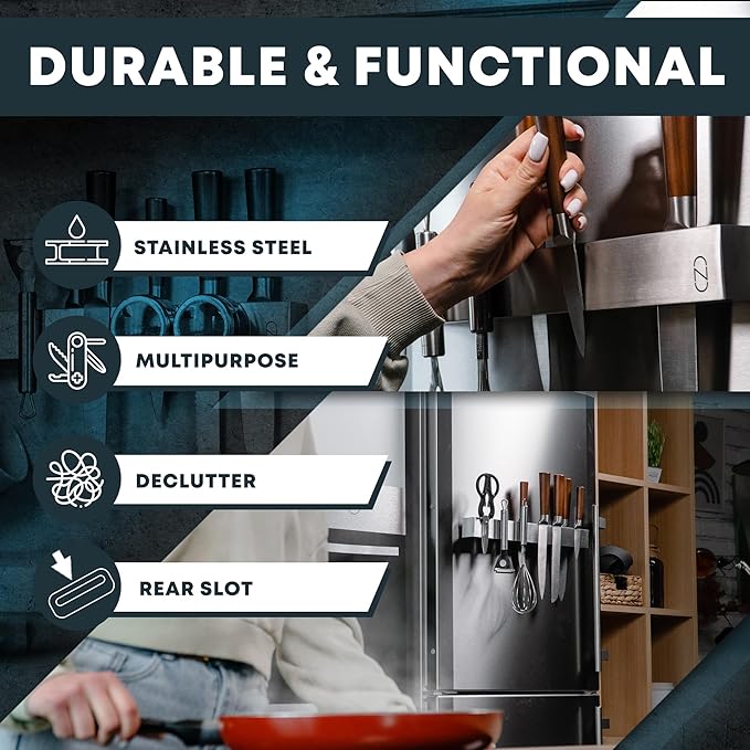 16" Magnetic Knife Holder for Wall with 2x Storage - Safe, Patented Storage Design - Stainless Steel Knife Magnetic Strip, Under Cabinet Knives Storage - Magnet Strip Rack Kitchen Utensil Organizer-HomvellaHome