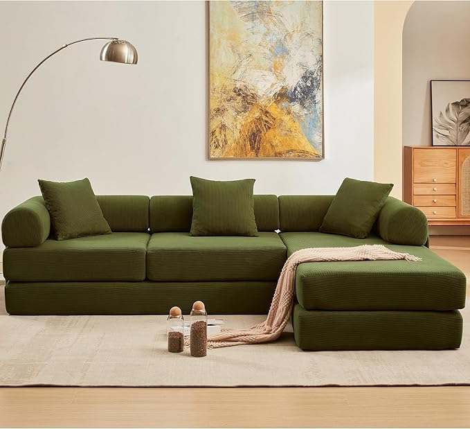107" Oversized Convertible Sleeper Sofa Bed, Corduroy L Shape Sectional Couch, Folding Sofa Bed with Side Pocket, Modern Cloud Floor Mattress Couch, Modular Sofa for Living Room, Green-HomvellaHome
