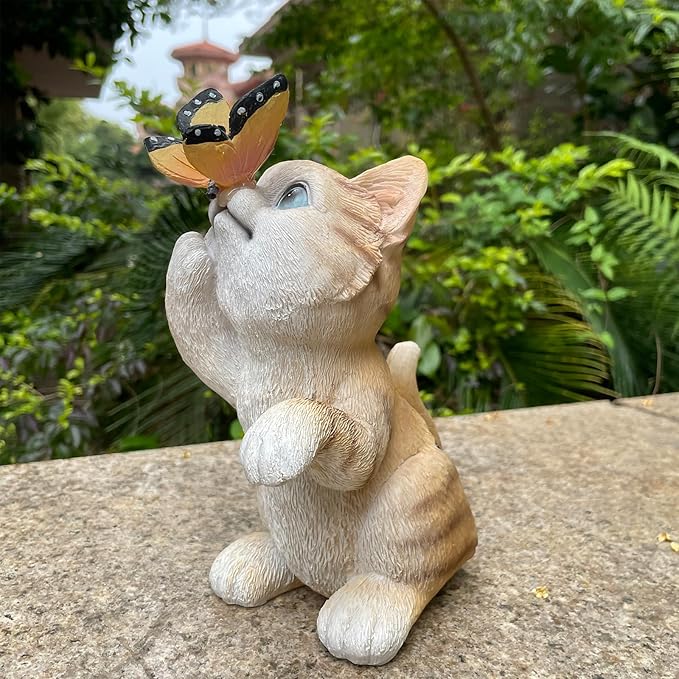 Garden Decor Solar Cat Figurines Cat Lover Gifts with LED Butterfly Lights for Indoor Outdoor Decor for Yard Garden Patio Decor Gifts for Women Grandma Mother's Day Birthday-HomvellaHome