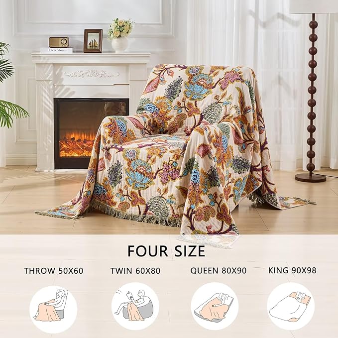 100% Cotton Summer Boho Throw Blanket, King Size Living Room Reversible Blanket, Boho Floral Bird Colorful Retro Quilt Ultra Soft Reversible Gauze Blanket for All Season, 90"x98"-HomvellaHome