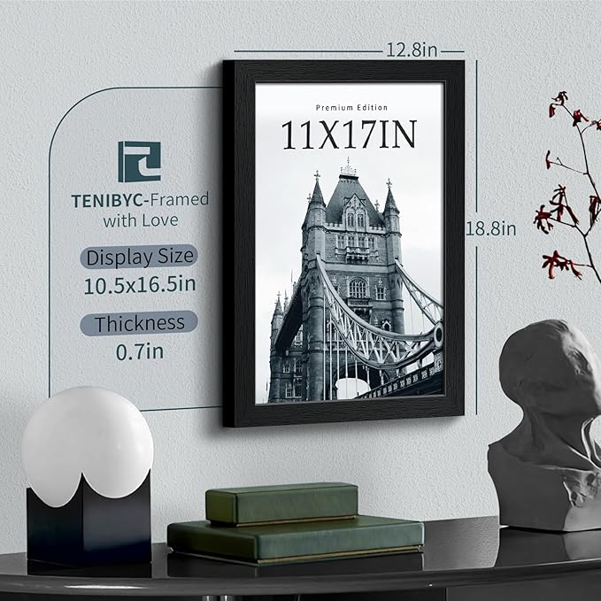11x17 Picture Frame 3 Pack - Black Woodgrain, Solid Wood & HD Tempered Glass, Wall Gallery Poster Frame-HomvellaHome