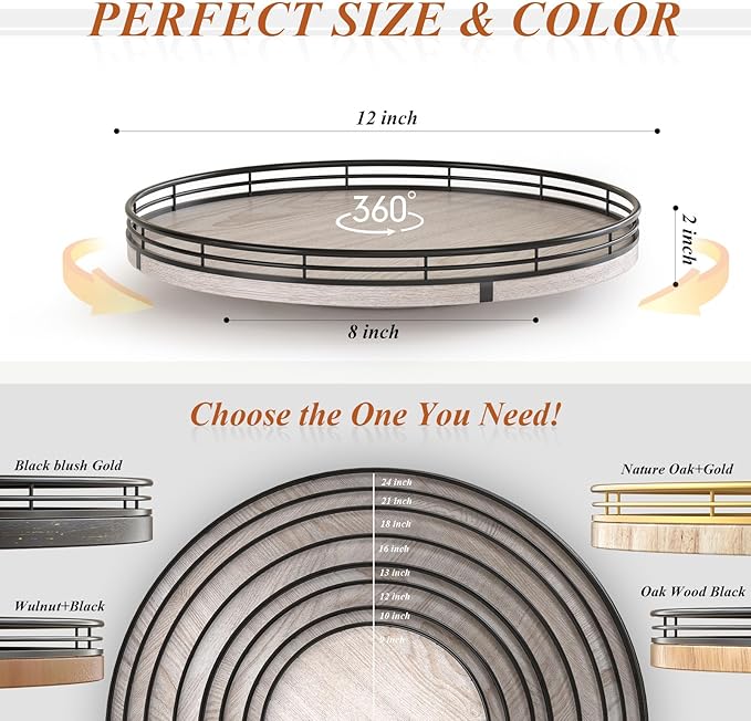 12" Farmhouse Lazy Susan for Kitchen & Coffee Table Decor – Rustic Wood Tray with Black Metal Frame, Decorative Centerpiece for Dining Room, Ottoman, Living Room, Serving or Vanity Use-HomvellaHome