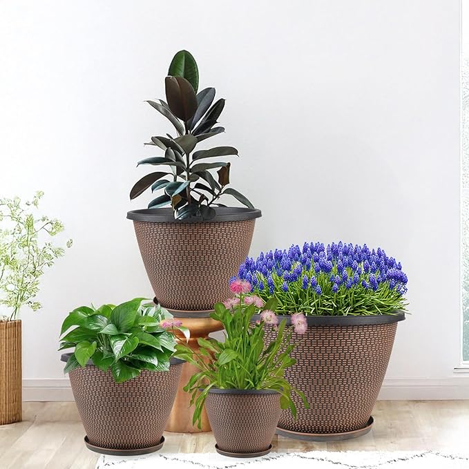 16 inch Plant Pots, Large Planters for Outdoor Plants Set of 4, Round Plastic Flower Pots with Drainage Holes & Trays, Modern Decorative Indoor Garden Pot, Plant Container for House (Black Copper)-HomvellaHome