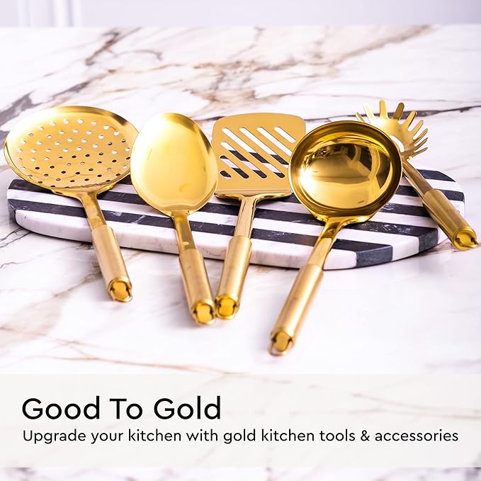 Gold Cooking Utensils Set – 5-Piece Stainless Steel Kitchen Tools for Modern Cooking and Serving – Dishwasher Safe Ladle, Spoon, Spatula, Pasta Fork, Luxury Brass Kitchen Accessories for Home Chefs-HomvellaHome