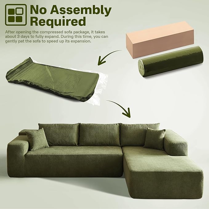 104" Cloud Sectional Couches for Living Room,L Shaped Boneless Couch in A Box,Sleeper Sofa with Comfy Chaise No Assembly Required,Green-HomvellaHome