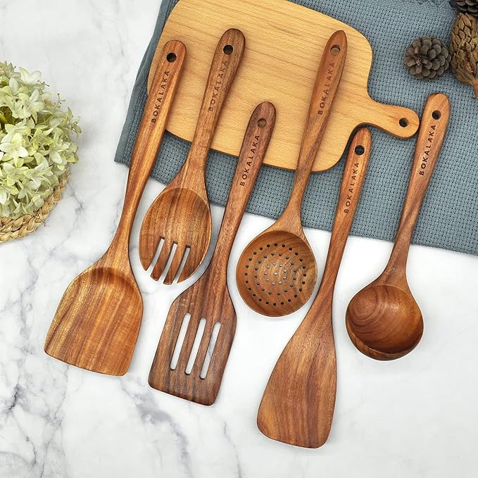 GreyWooden Kitchen Utensil Set, 6Pcs Wooden Cooking Utensils for Non-Stick Pan, 100% Natural Teak Wooden Spatula-HomvellaHome