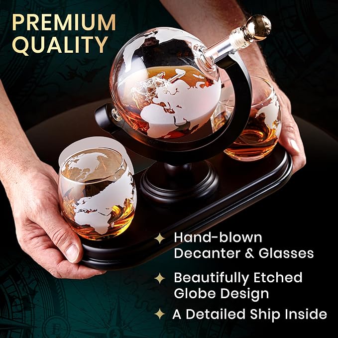 Globe Whiskey Decanter Gift Set by Royal Reserve | Etched World Map Globe Decanter 29 oz 850 ml with Glasses for Bourbon, Liquor – Whiskey Gifts for Men Dad Boyfriend Husband-HomvellaHome