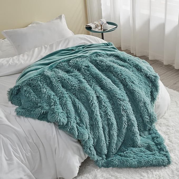 GONAAP Fuzzy Faux Fur Throw Blanket Twin Size Light Teal Super Soft Cozy Plush Fuzzy Shaggy Blanket for Couch Sofa Bed (Light Teal, Twin(60"x80"))-HomvellaHome