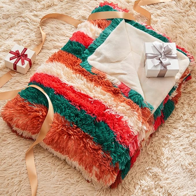 GONAAP Fuzzy Faux Fur Throw Blanket Stripe Red Brown Super Soft Cozy Plush Fuzzy Shaggy Blanket for Couch Sofa Bed (Stripe Red Brown, Throw(50"x60"))-HomvellaHome