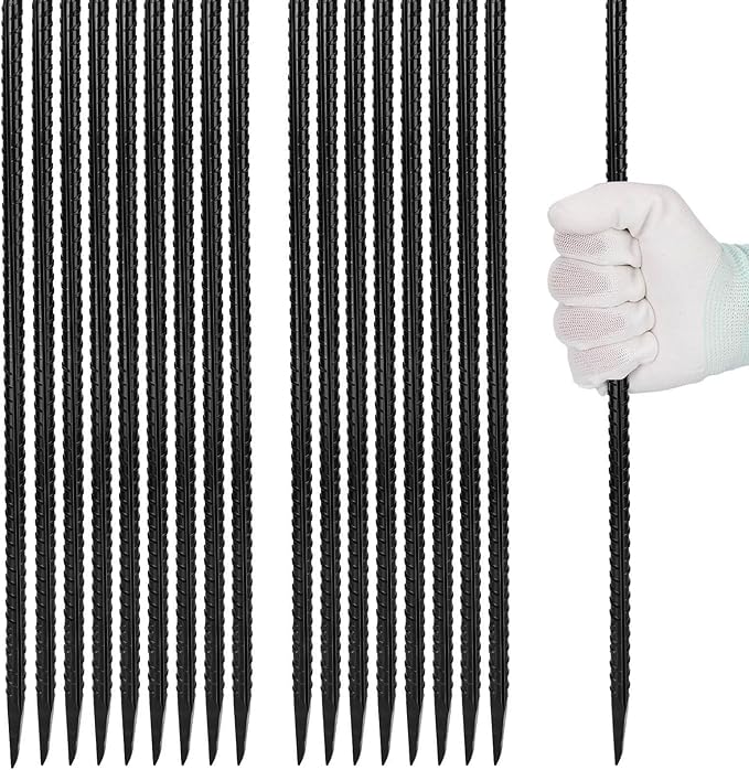 16 inches Rebar Stakes 18-Pack Heavy Duty Ground Stakes Rebar Spikes Garden Stakes Metal Steel Stake for Concrete and Timber Straight Black-HomvellaHome