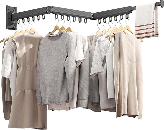 Grey Color Laundry Rack - Wall Mounted, Collapsible Clothes Drying Rack With Loop-type Hooks-HomvellaHome