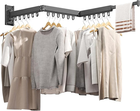 Grey Color Laundry Rack - Wall Mounted, Collapsible Clothes Drying Rack With Loop-type Hooks-HomvellaHome
