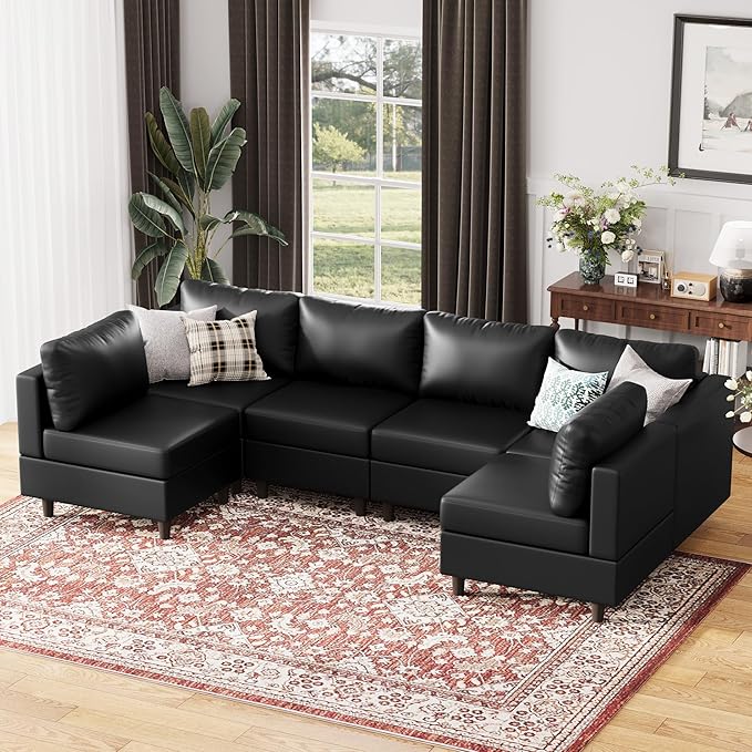 118.5" Faux Leather Modular Sectional Sofa with Storage Seat, Modern 6 Seater Couch Deep Seat with Removable Cover DIY Combination Black-HomvellaHome