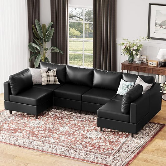 118.5" Faux Leather Modular Sectional Sofa with Storage Seat, Modern 6 Seater Couch Deep Seat with Removable Cover DIY Combination Black-HomvellaHome
