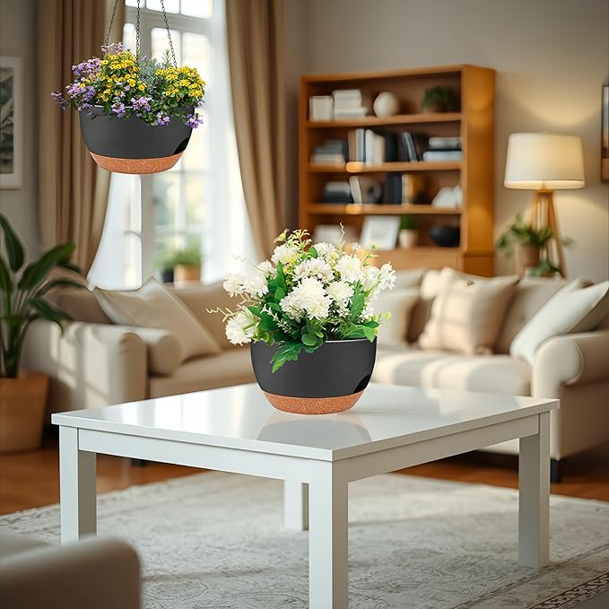 2 Pack 12 Inch Large Hanging Planters with Chains Self Watering Black Brown Plastic Hanging Pots for Indoor Outdoor Plants, Garden Porch Home Decor，Black Brown-HomvellaHome