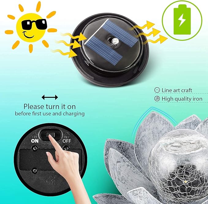 Garden Solar Light Outdoor(2Pack), Amber Crackle Globe Glass Lotus Decoration, Waterproof Gary Metal LED Flower Lights for Patio,Lawn,Walkway,Tabletop, Garden Gifts for Women-HomvellaHome