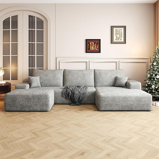 108" Sectional Couches for Living Room Modern Modular Sofa with L-Shape Couchs Upholstered Boneless Couch Deep Seat Sectional Couch with Chaise (Grey, Right Facing Chaise+2Seaters+1Ottoman)-HomvellaHome