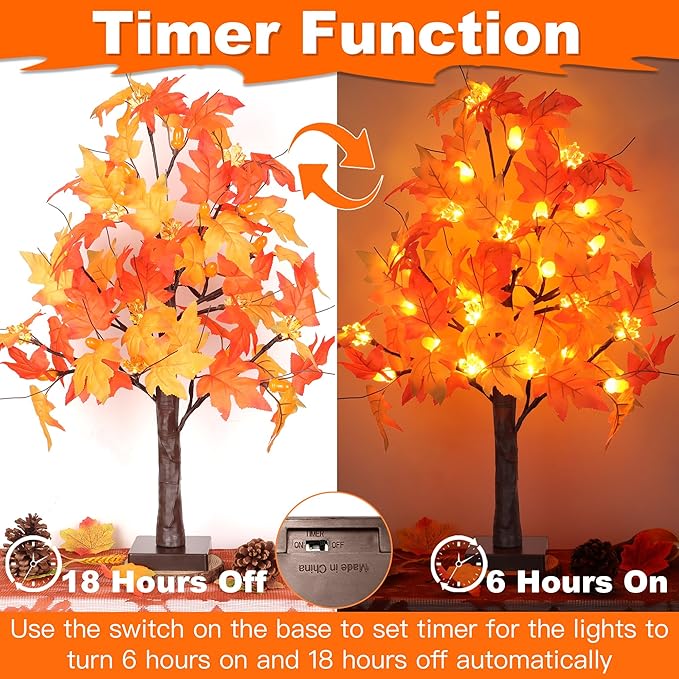 2 Pack 24 Inch Prelit Fall Maple Tree Fall Decor with 48 LEDs Timer Battery Operated Artificial Fall Light Up Tree Maple Acorn for Fall Thanksgiving Decorations Table Home Office Indoor Autumn Harvest-HomvellaHome