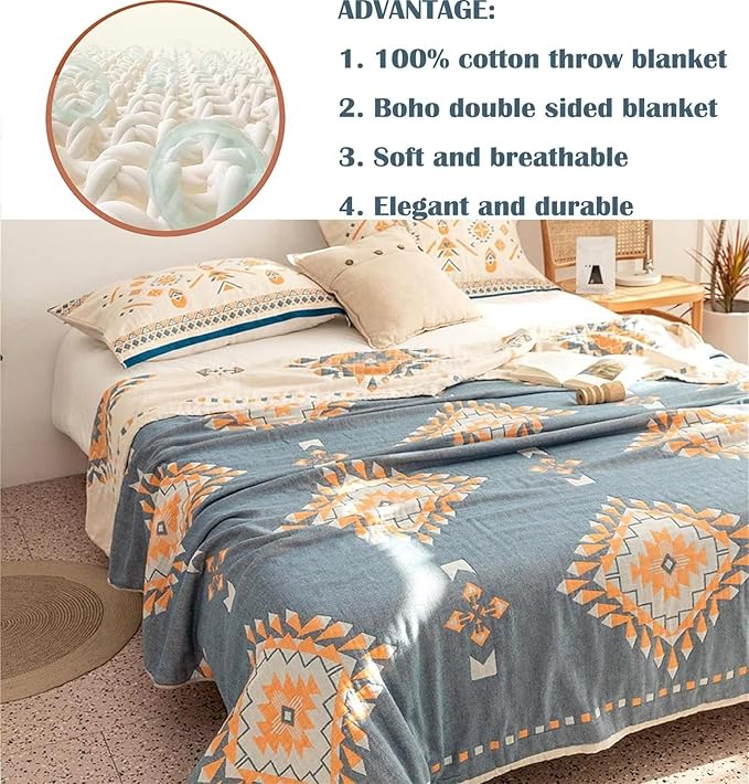 100% Cotton Throw Blankets for Couch Bed Chair Sofa,Cotton Quilt Throw Woven Boho Bed Blankets,Versatile Knit Woven Super Soft Decorative Blanket for Women,80''Wx 90''L-HomvellaHome