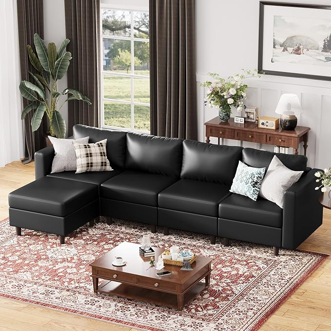 118.5" Faux Leather Modular Sectional Sofa, L Shaped Couch Set for Living Room, 5-Seater Comfy Cloud Couches with Movable Storage Ottoman,DIY Combination - Black-HomvellaHome