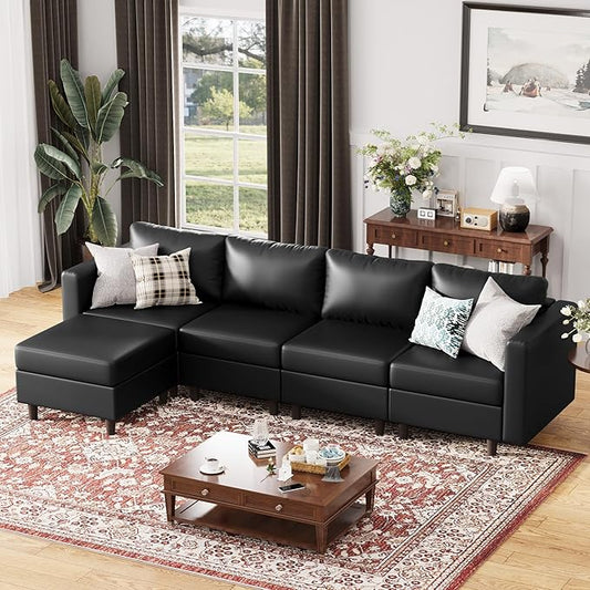 118.5" Faux Leather Modular Sectional Sofa, L Shaped Couch Set for Living Room, 5-Seater Comfy Cloud Couches with Movable Storage Ottoman,DIY Combination - Black-HomvellaHome