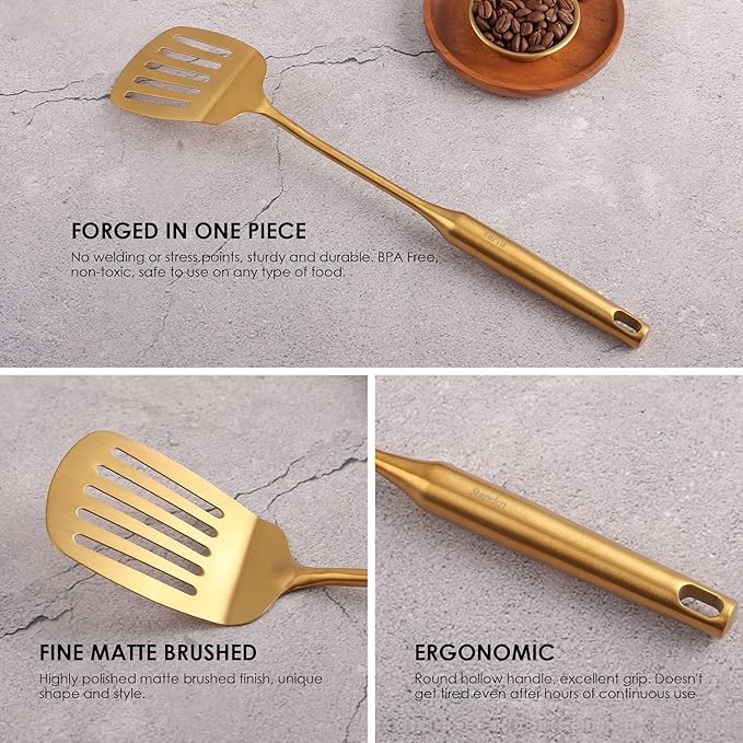 Gold Kitchen Utensils Set - 18/10 Stainless Steel Cooking Tools, 15" All Metal Serving Utensils with Fork, Solid/Slotted Spoon, Spatula, Ladle, Skimmer, Tunner, Pasta Spoon, Large Spoon, Set of 9-HomvellaHome