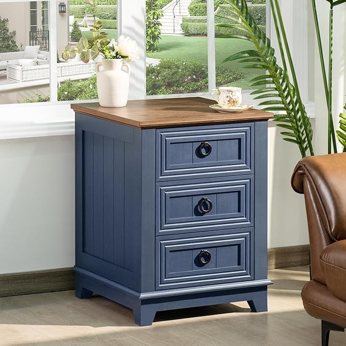 18" Farmhouse Night Stand with 3 Drawers, Wood End Table Dresser for Bedroom, Navy Blue Nightstand, Bed Side Table with Metal Handle, Bedside Cabinet for Bedroom Living Room, Closet-HomvellaHome