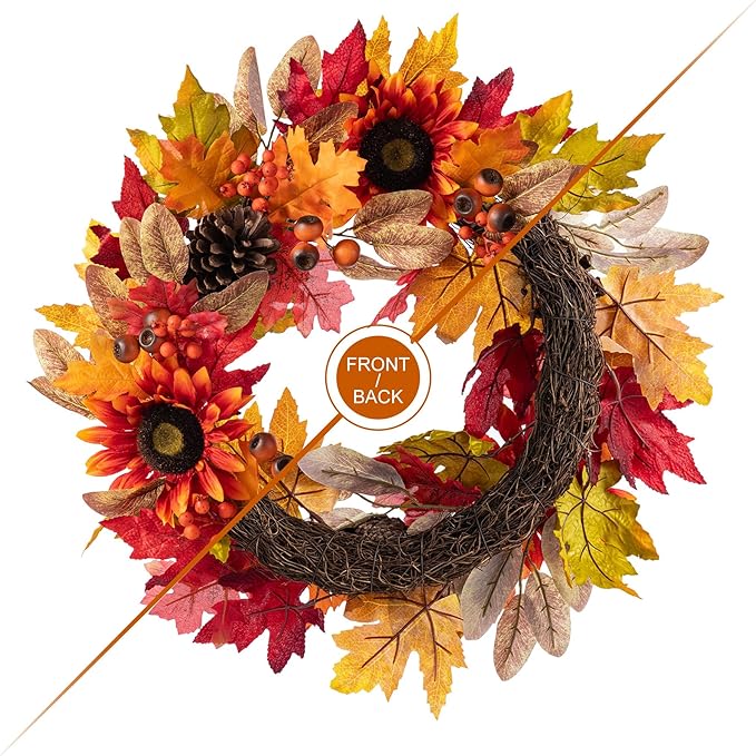 Glitzhome 24''D Fall Wreath with Hanger, Artificial Autumn Wreath for Front Door with Sunflower, Pinecone and Berry, Harvest Wreaths Decor for Indoor Outdoor Holiday Decoration-HomvellaHome