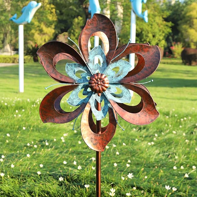 Garden Wind Spinner,Flower Wind Spinner,Outdoor Metal Wind Sculpture & Spinner Large 23 inch Dia 84 inch Height Kinetic Windmill for Garden Yard-HomvellaHome