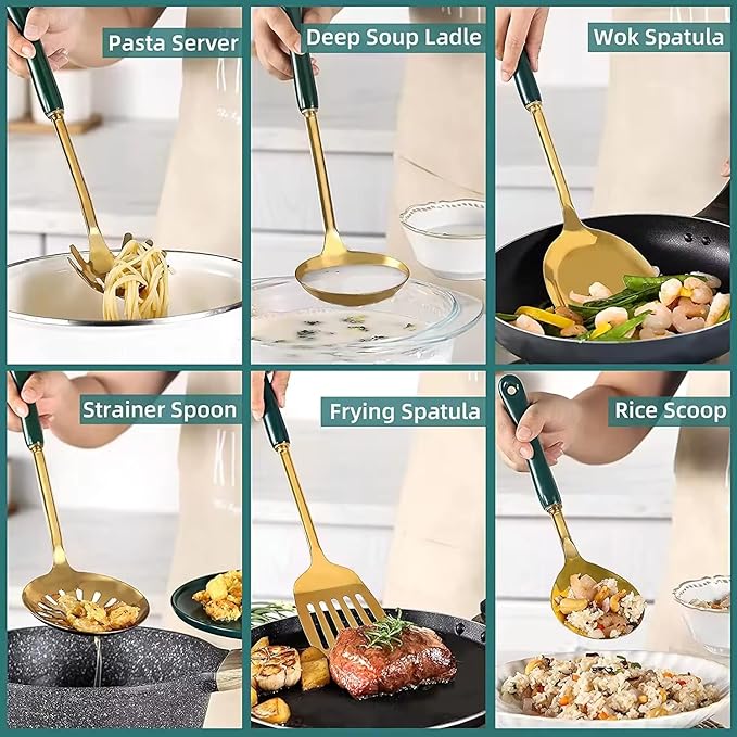 Generic Stainless Steel Kitchen Utensil Set, Spoon, Spatula, Pasta Server, Small Spatula (Black & Gold)-HomvellaHome