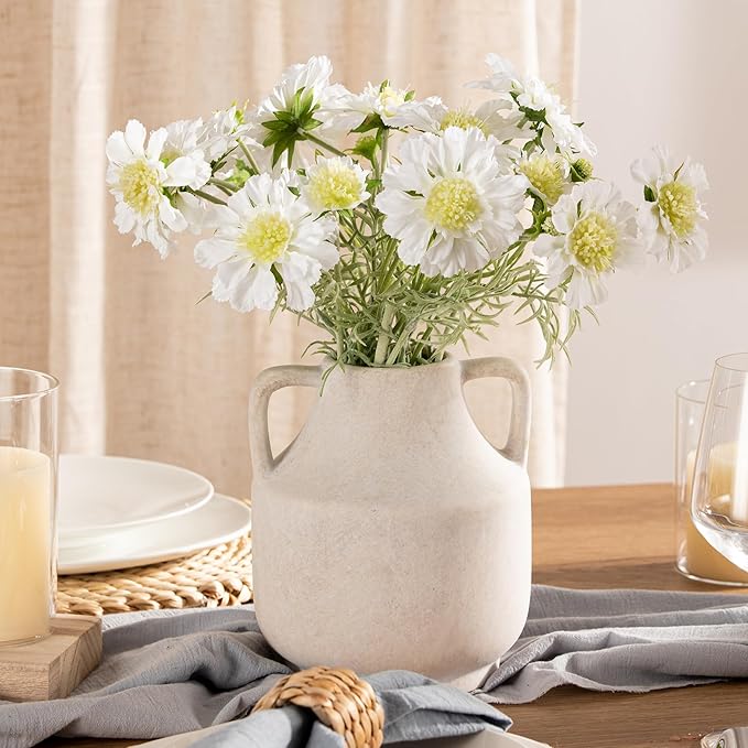 Mitt&Ditt Ceramic Flower Vase with Handles, 8 inch Tall Off-White Vase, Decorative Terracotta Vases, Farmhouse Rustic Pottery Vases for Home Decor, Living Room, Table-HomvellaHome