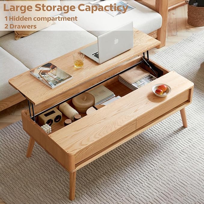 100% Solid Wood Lift Top Coffee Table for Living Room, Mid Century Modern Tables with Drawers and Large Storage, Oak Coffee Tables for Small Spaces (Oak Wood Log, 39.37" W x 21.65" D x 25.59" H)-HomvellaHome