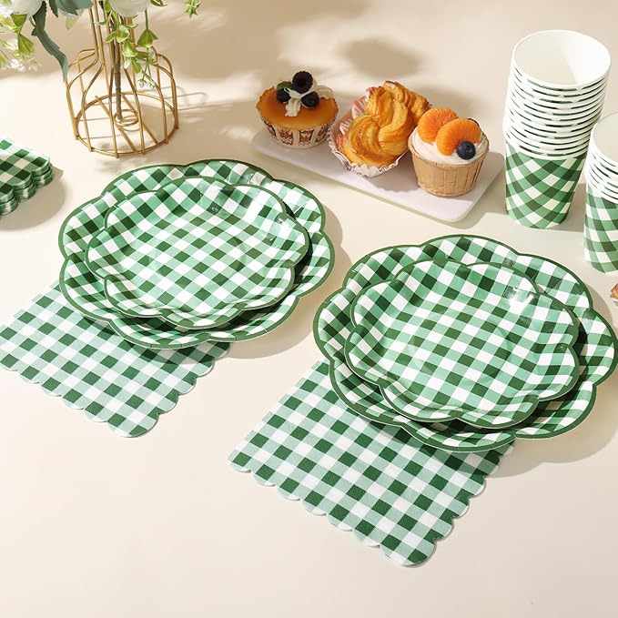 175 Pcs Green Gingham Plates and Napkins Party Supplies - Green and White Checkered Plates Sets Serve 25 Guests - Scalloped Gingham Paper Plate for Birthday Picnic BBQ Golf Party Decorations-HomvellaHome