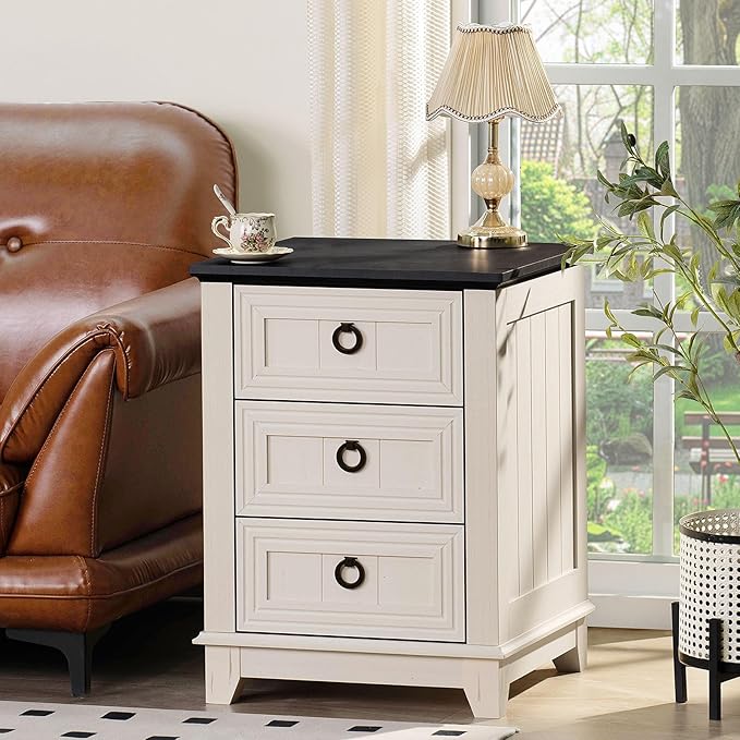 18" Farmhouse Night Stand with 3 Drawers, Wood End Table Dresser for Bedroom, White Nightstand, Bed Side Table with Metal Handle, Bedside Cabinet for Bedroom Living Room, Closet-HomvellaHome