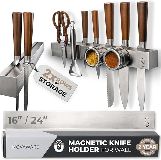 16" Magnetic Knife Holder for Wall with 2x Storage - Safe, Patented Storage Design - Stainless Steel Knife Magnetic Strip, Under Cabinet Knives Storage - Magnet Strip Rack Kitchen Utensil Organizer-HomvellaHome