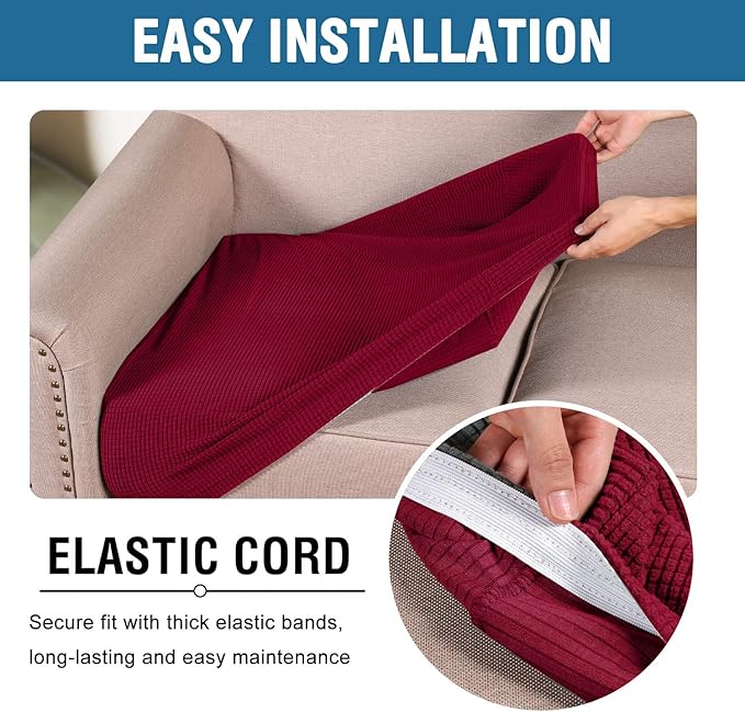 H.VERSAILTEX Super Stretch Individual Seat Cushion Covers Sofa Covers Couch Cushion Covers Slipcover Sets Thick Jacquard Textured Twill Fabric (2 Piece Medium Sofa Cushion Covers, Burgundy Red)-HomvellaHome