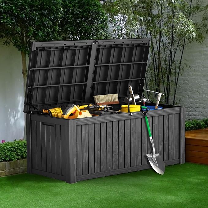 180 Gallon Outdoor Storage Box Waterproof Lockable Resin Deck Box Large, Patio Storage Bin for Pool Accessories Cushion Furniture, Garden Tools, UV-Resistant Outside Delivery Black-HomvellaHome