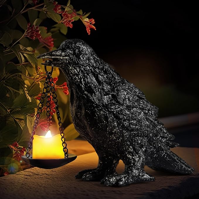 Gothic Crow Lamp Tealight Candle Holder Raven Statue for Indoor Outdoor Decor Halloween Garden Resin Statue Black Stone-HomvellaHome