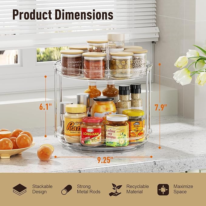 2 Pack 2 Tier Lazy Susan Organizer, 9.25'' Lazy Susan Turntable for Cabinet, Stackable Turntable Organizer Rotating Spice Rack Organization for Kitchen Countertop, Pantry, Bathroom, Clear-HomvellaHome