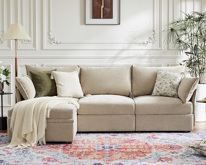 102.6" Modular Sectional Sofa, Oversized 3-Seater Couch with Removable Beige Chenille Fabric Cover, Deep Seat & High Backrest for Living Room, Office & Apartment-HomvellaHome