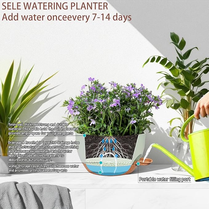 2 Pack 12 Inch Large Hanging Planters with Chains Self Watering Green Brown Plastic Hanging Pots for Indoor Outdoor Plants, Garden Porch Home Decor，Green Brown-HomvellaHome