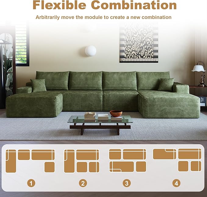 108" Sectional Couches for Living Room Modern Modular Sofa with L-Shape Couchs Upholstered Boneless Couch Deep Seat Sectional Couch with Chaise (Green, Right Facing Chaise+3Seaters+Ottoman)-HomvellaHome