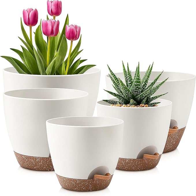 Giraffe Creation Plant Pots Set of 5 (10/9/8/7.5/7 inch), Self-Watering Indoor & Outdoor Flower Planters with Drainage Hole and Reservoir, White-HomvellaHome