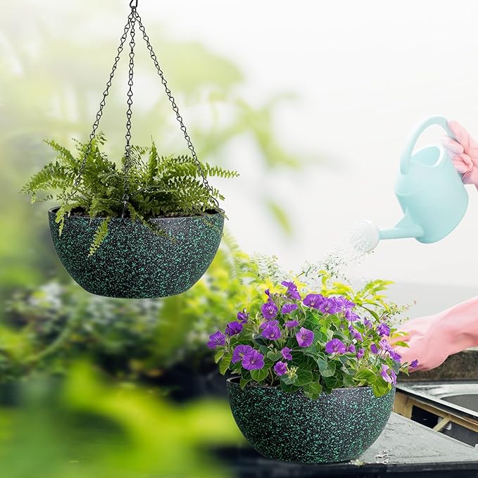 10inch Hanging Planters for Outdoor Indoor Plants with Drainage Holes and Chain, 2 Pack Round Hanging Flower Pots for Garden Home Porch Decor, Black with Green Speckles-HomvellaHome