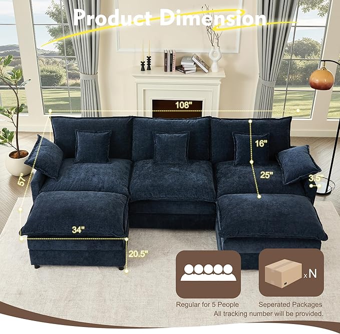 108" U Shaped Couch, Modular Sectional Sofa, 3-Seater Comfy Cloud Couch with Movable Ottoman, Deep Seat Couches for Living Room, Chenille, Navy-HomvellaHome