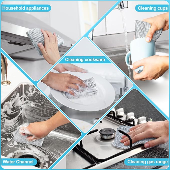 10 Pcs New Upgraded 3 Layers Non Scratch Wire Dishcloth, Multipurpose Wire Dishwashing Rags, Wet & Dry for Cookware, Sinks, Dishes, Stoves & Fireplaces 9.87“ x 9.87”-HomvellaHome